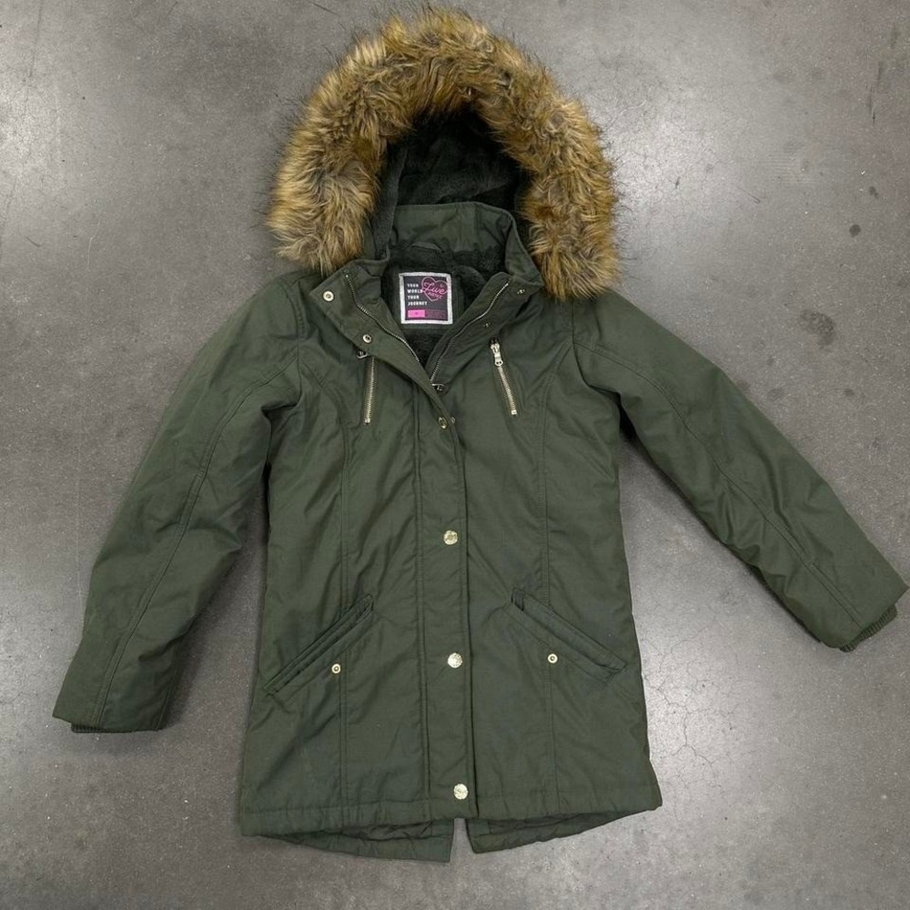 *SOLD* Live Justice Green full-zip utility parka with faux fur hood sz 12 [rd]